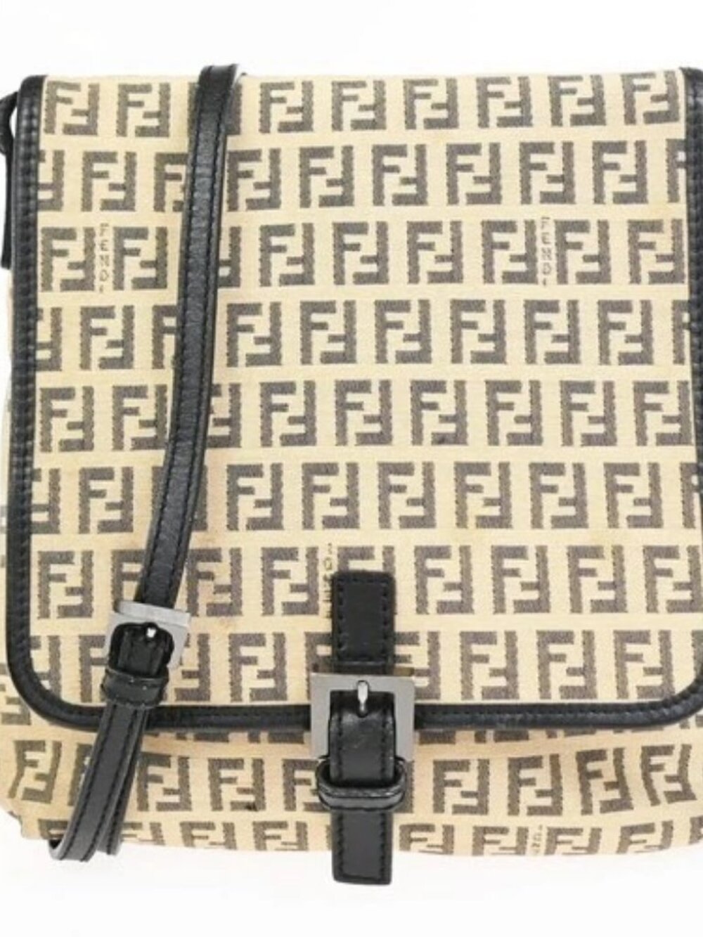 FENDI Logo Zucchino Pattern Shoulder Bag Canvas Leather Beige Italy GHW 38CB111